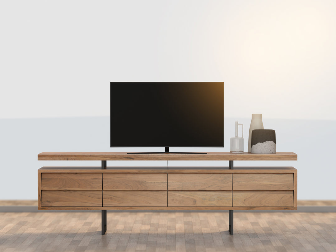TV unit with four doors made of solid acacia wood and carbon steel