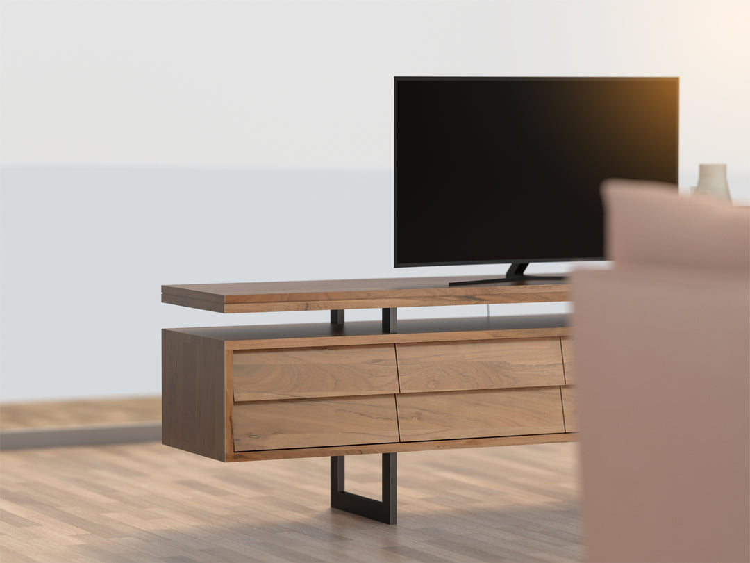 TV unit with four doors made of solid acacia wood and carbon steel