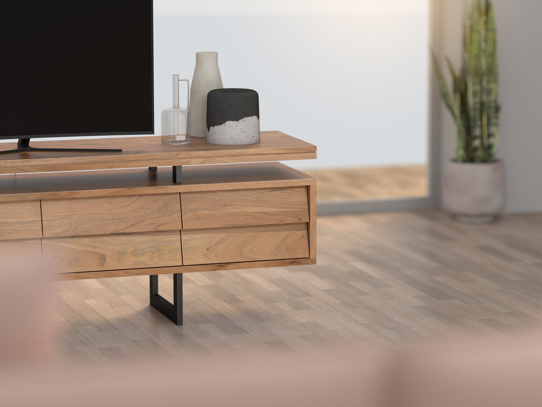 TV unit with four doors made of solid acacia wood and carbon steel