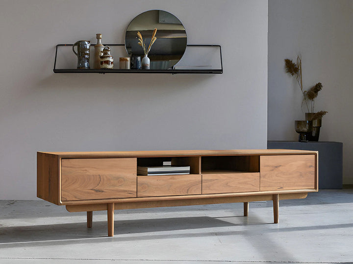 TV unit with two doors and two drawer made of solid acacia wood