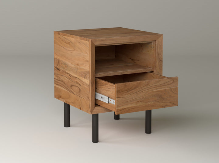 Bedside table with one drawer made of solid acacia wood and carbon steel - INMARWAR