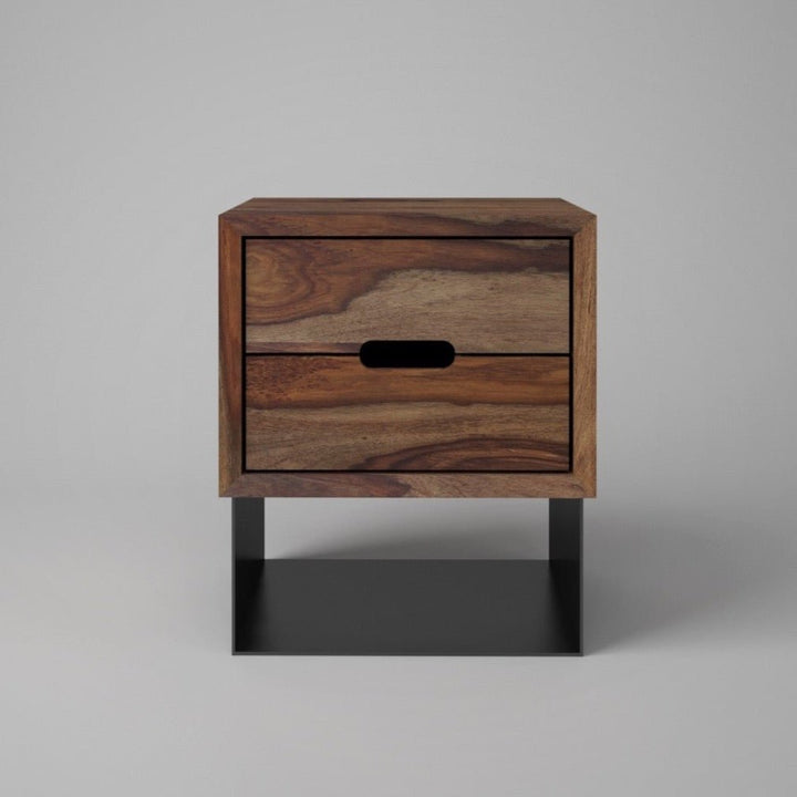 Bedside table with two drawers made of solid sheesham wood and carbon steel - INMARWAR