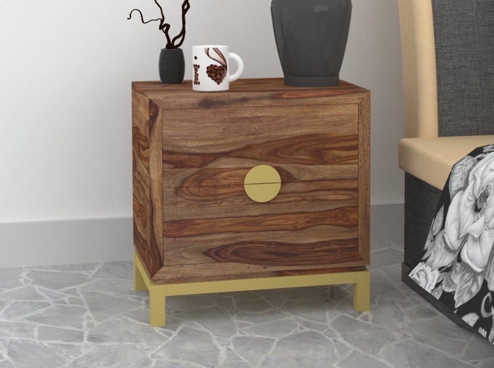 Bedside table with two drawers made of solid sheesham wood and carbon steel - INMARWAR