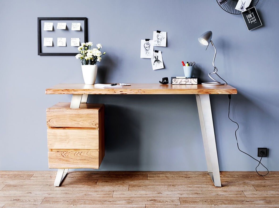 Desk, solid acacia wood and steel, 3 drawers – INMARWAR