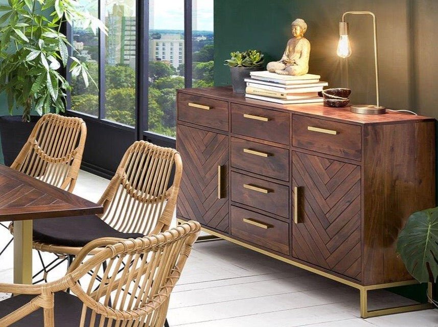 Sideboard with six drawers and two doors made of solid mango wood and carbon steel - INMARWAR