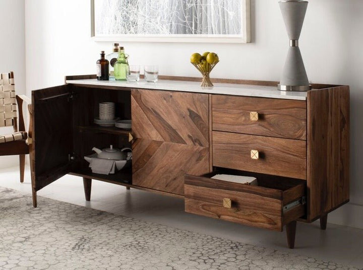 Sideboard with two doors and three drawers made of solid sheesham wood - INMARWAR