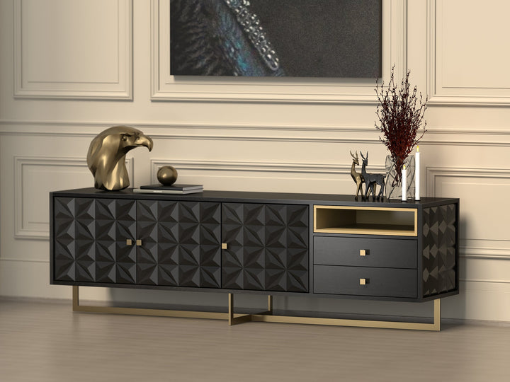 Suitable as a sideboard or TV unit with three doors and two drawers made of solid mango wood and carbon steel - INMARWAR