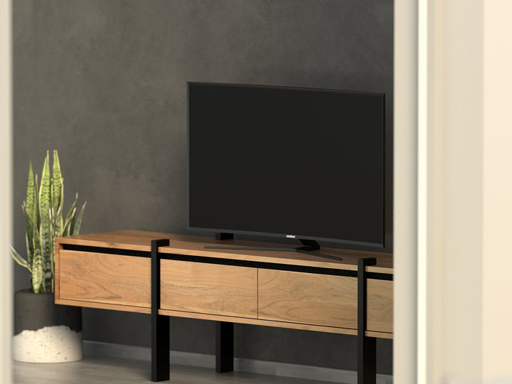 TV unit with four doors made of solid acacia wood and carbon steel - INMARWAR