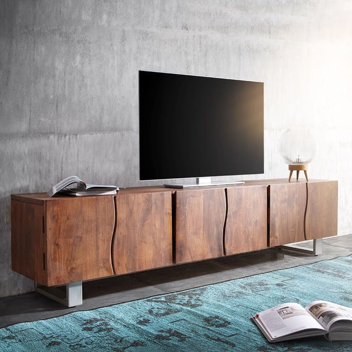 TV unit with six doors made of solid acacia wood and carbon steel - INMARWAR