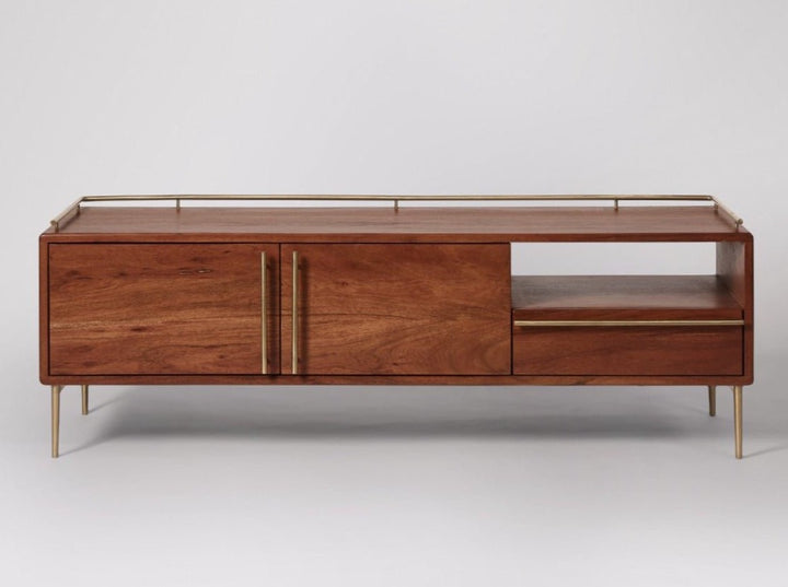 TV unit with two doors and one drawer made of solid mango wood and carbon steel - INMARWAR