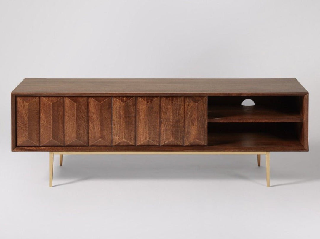 TV unit with two doors made of solid mango wood and carbon steel - INMARWAR